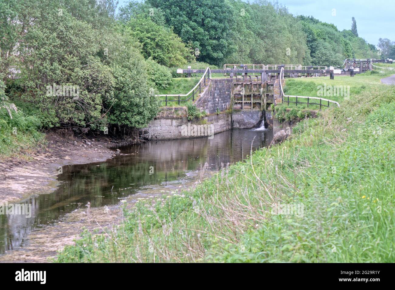 Glasgow, Escocia, Reino Unido, 9th de junio de 2021. Svottish Canals tuiteó “Debido a un problema de terceros con el oleoducto Monkland que alimenta el suministro de agua #ForthandClydeCanal, el suministro de agua en el canal es actualmente bajo. Toda la navegación a lo largo de la vía navegable está actualmente suspendida”. AZ La vida silvestre confusa y las cuencas del canal craqueo proporcionan una vista inusual para los espectadores en el towpath.Copyright Gerard Ferry/Alamy Live News Foto de stock
