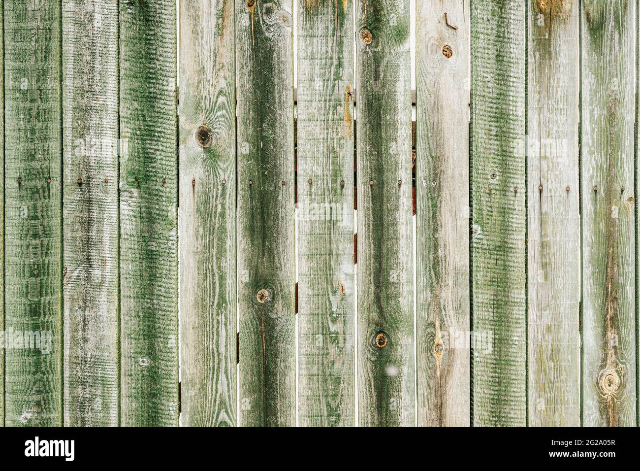 Tablas de madera pintadas de verde con clavos. Tablas de vallas de
