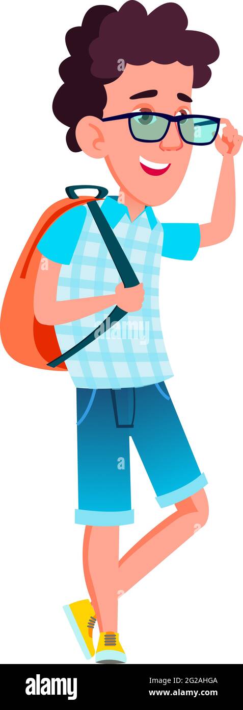  feliz niño pupila con mochila ir a la universidad vector de dibujos animados Imagen Vector de stock
