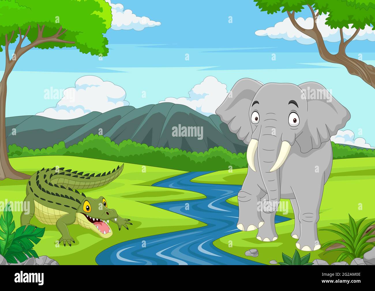 Cocodrilo de dibujos animados con elefante en la selva Imagen Vector de  stock - Alamy