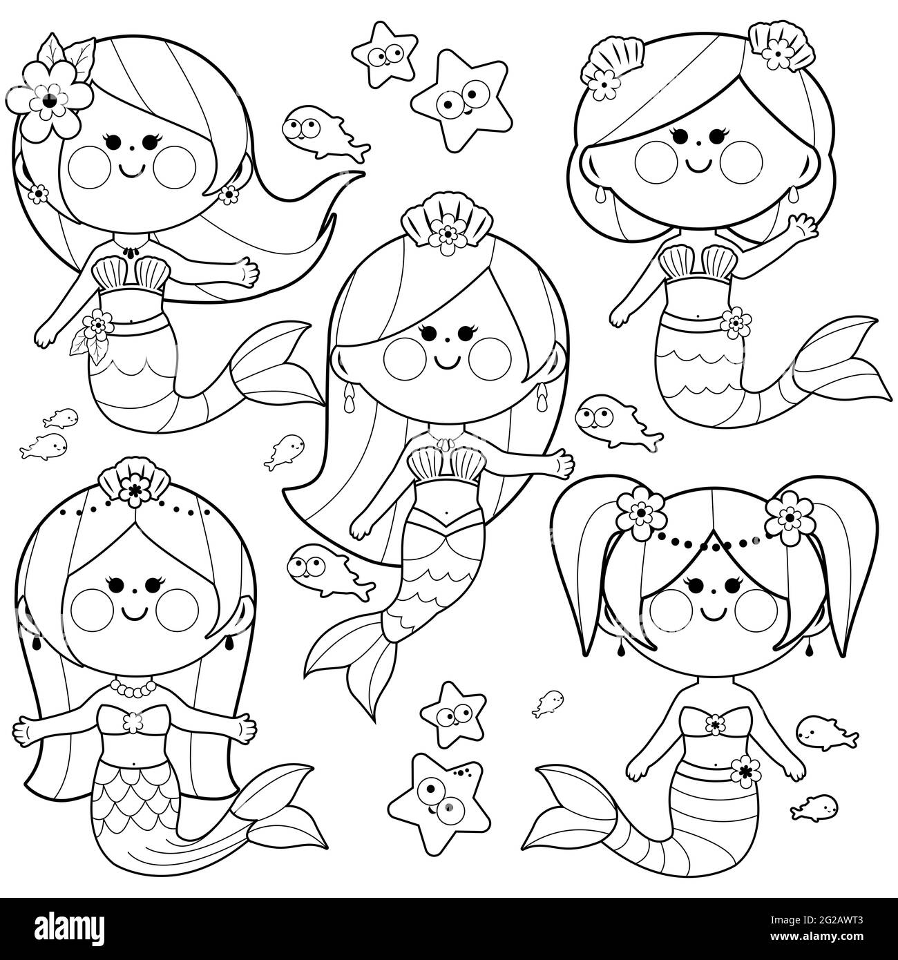 Adorables princesas de sirena, peces y estrellas de mar. Página para  colorear en blanco y negro Fotografía de stock - Alamy