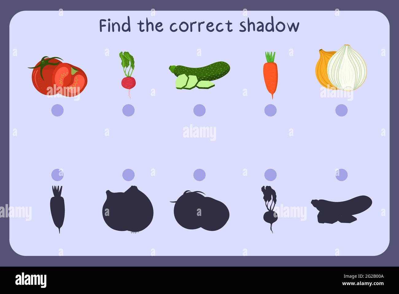 Juego educativo para niños con comida: Tomate, rábano, calabacín, zanahoria, cebolla. Busque la sombra correcta. Ilustración vectorial. Ilustración del Vector