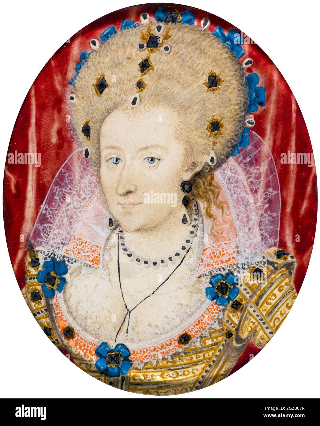 Ana de Dinamarca (1574–1619), Reina Consort de Inglaterra, Escocia e Irlanda como esposa del rey James VI de Escocia (rey James I de Inglaterra), miniatura de retrato del estudio de Nicholas Hilliard, después de 1574 Foto de stock