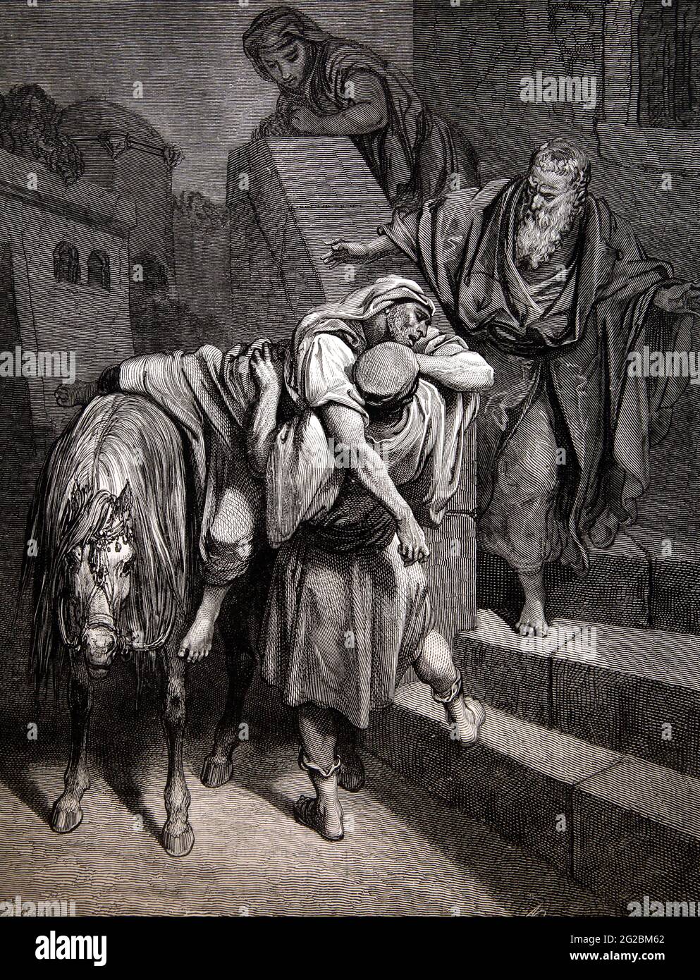 Historia Bíblica Ilustración de la 'Llegada del Buen Samaritano a la Posada' (Lucas 10:34-35) por Gustave Dore Foto de stock