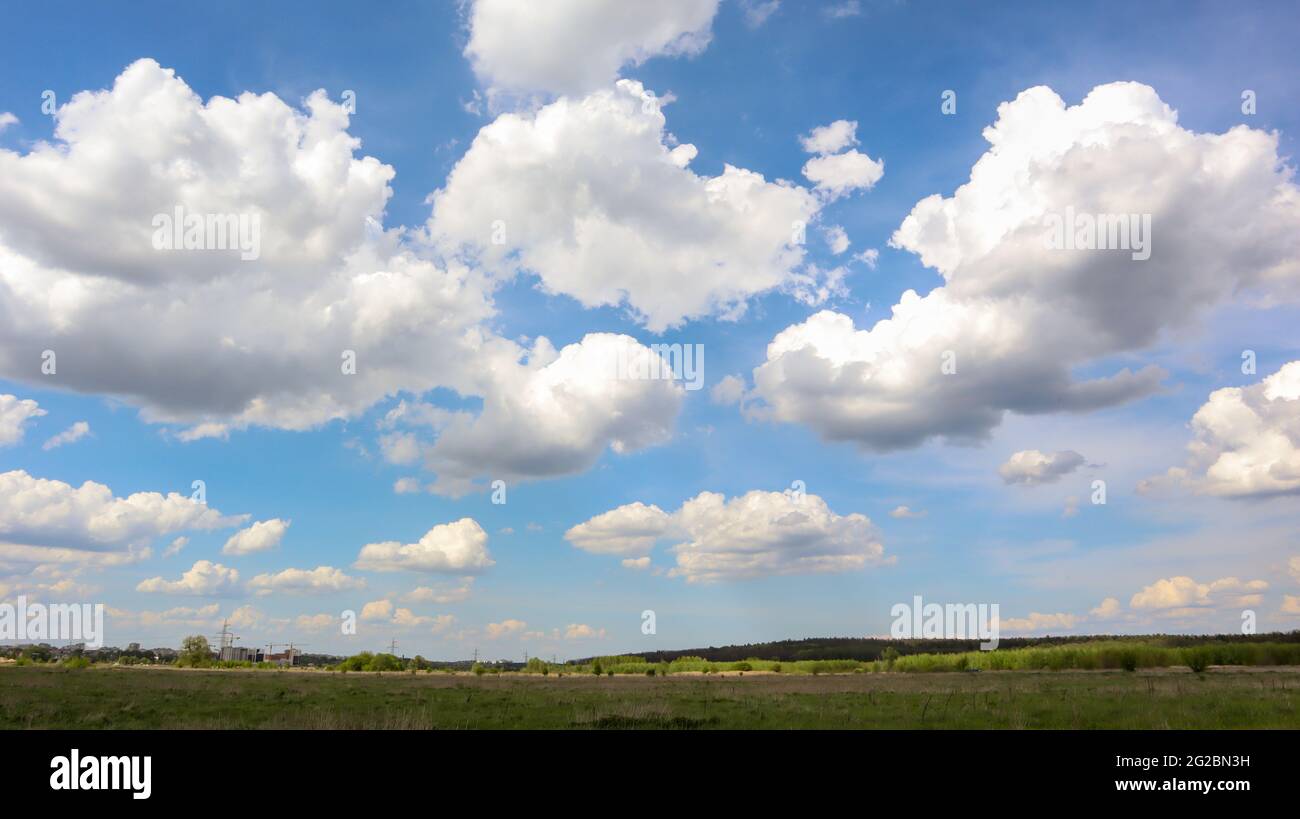 Un campo con un cielo azul claro, lleno de nubes blancas en el fondo, con un clima soleado y brillante durante el verano, sin viento ni lluvia Foto de stock