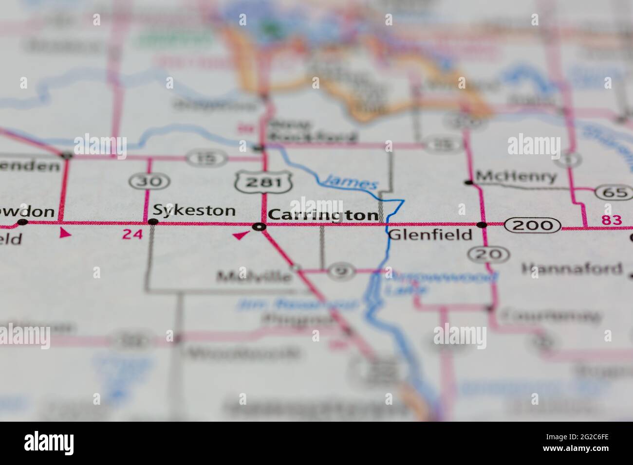 Carrington North Dakota USA Se muestra de un mapa de carreteras o de geografía Fotografía de