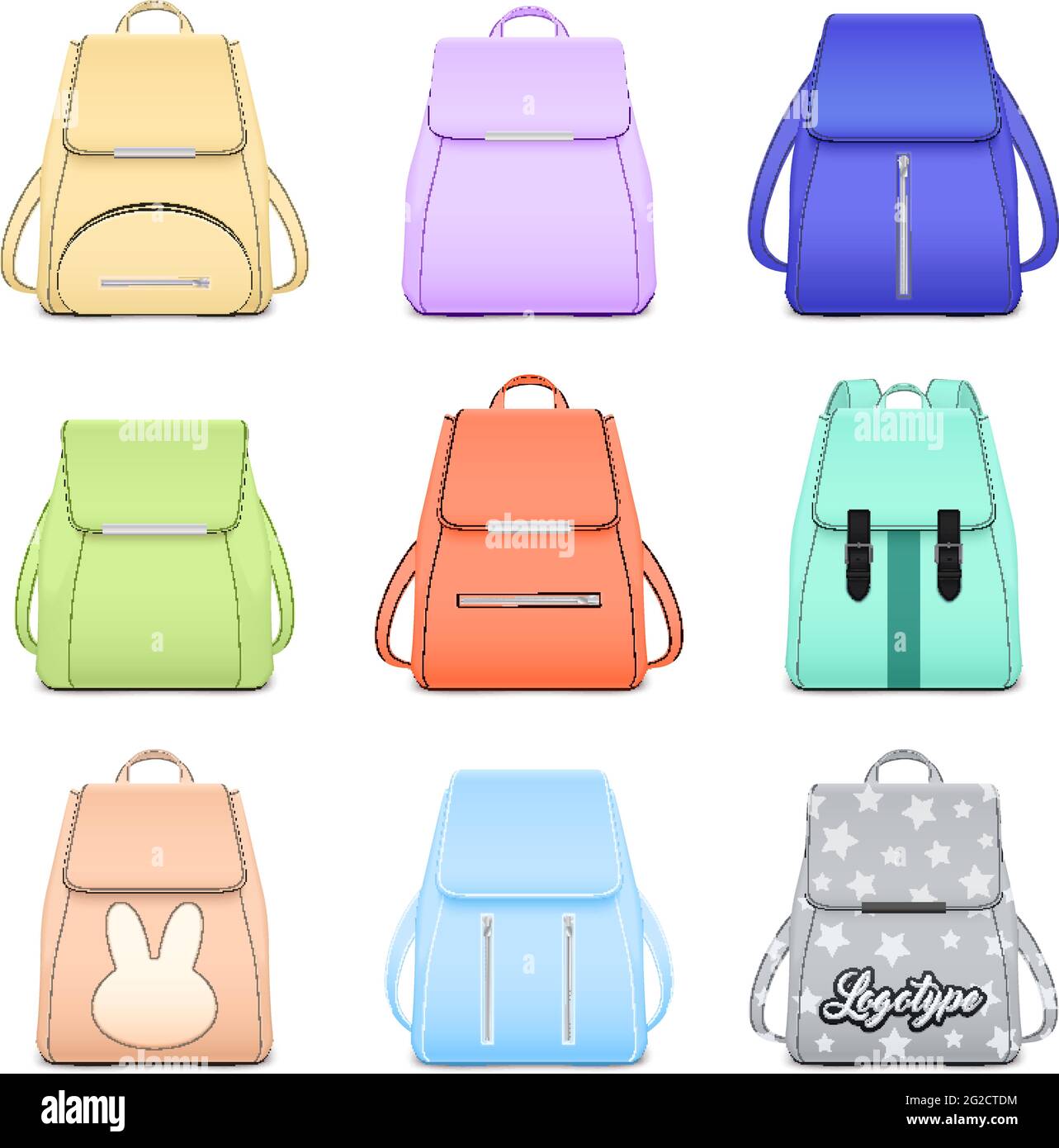 Mochila escuela realista elegante conjunto con nueve imágenes aisladas de  elegantes bolsas de libros para niñas ilustración vectorial Imagen Vector  de stock - Alamy