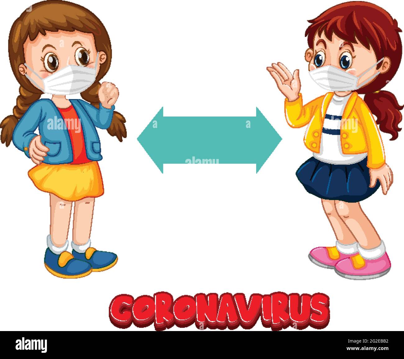 Fuente de coronavirus en estilo de dibujos animados con dos niños  manteniendo la distancia social aislada sobre la ilustración de fondo  blanco Imagen Vector de stock - Alamy