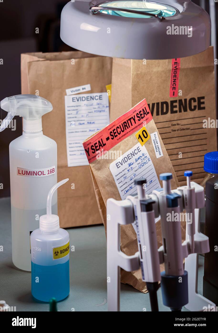 Archivo y bolsa de pruebas en un laboratorio de delincuencia, imagen conceptual Foto de stock