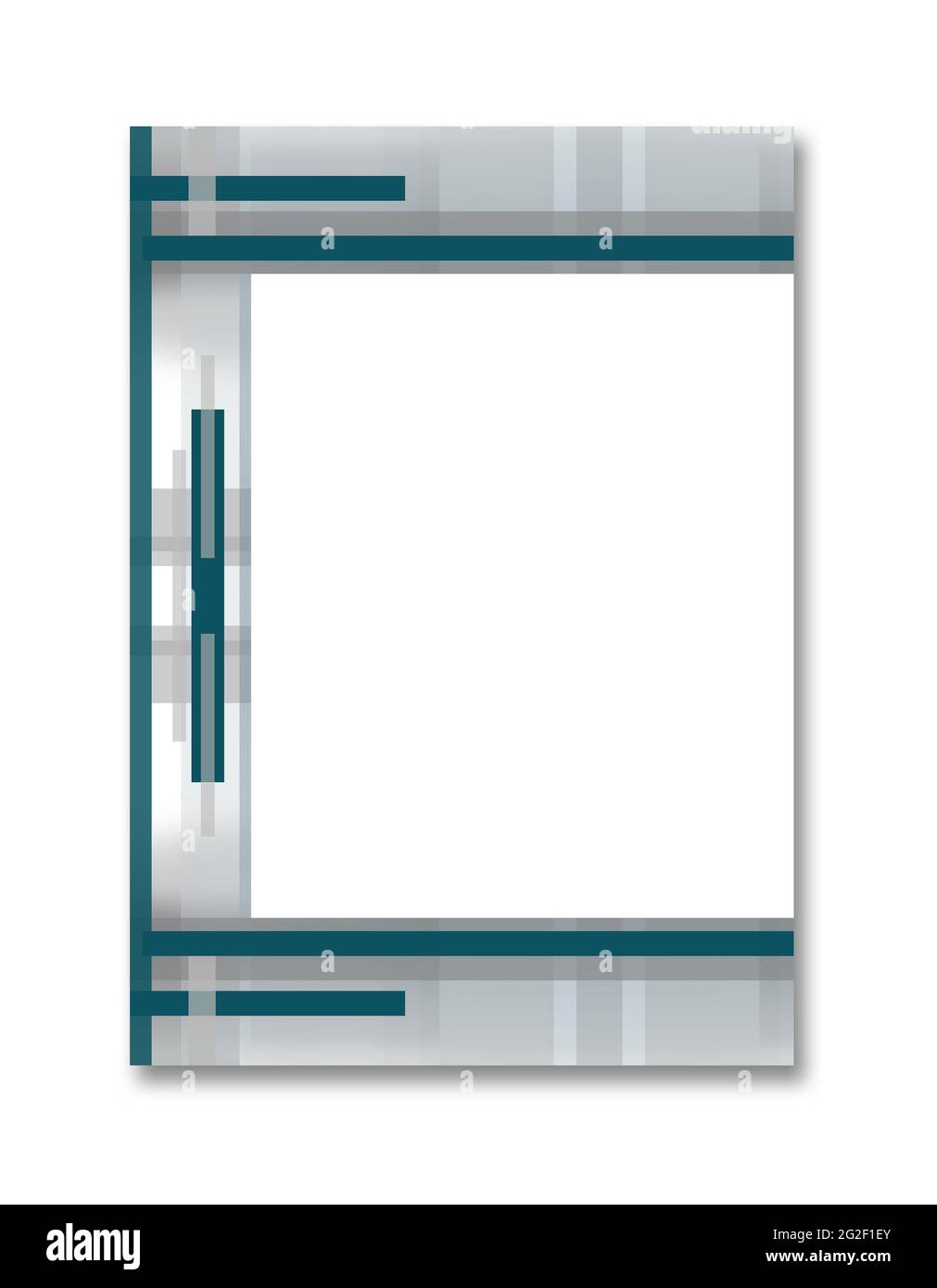 Portada de libro A4 diseño con marco abstracto geométrico: Tiras simétricas verde-azul sobre fondo gris. Gran espacio de texto en blanco. Diseño tecnológico Foto de stock