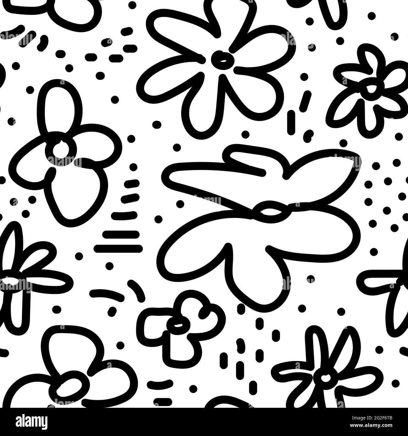 Diseño floral sin costuras. Trazar plantas aisladas sobre fondo blanco. Flores, puntos, líneas, detalles dibujados a mano. Ilustración de stock vectorial para wallpa Ilustración del Vector