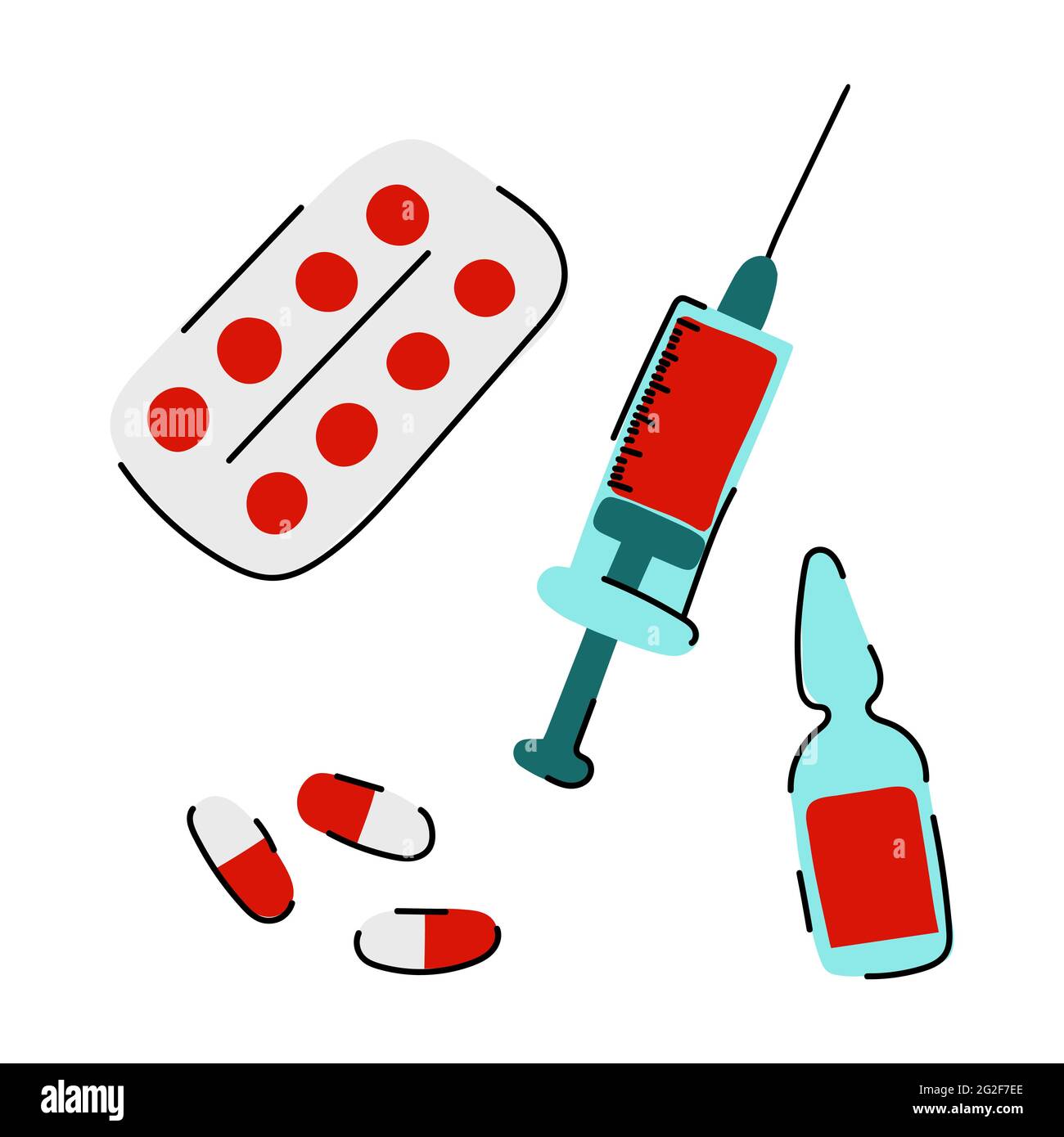 Juego de vacunación médica de dibujos animados. Jeringa de mano, ampolla,  tabletas, píldoras aisladas sobre fondo blanco. Cute vacuna, terapia de  drogas, tratamiento, anti Imagen Vector de stock - Alamy