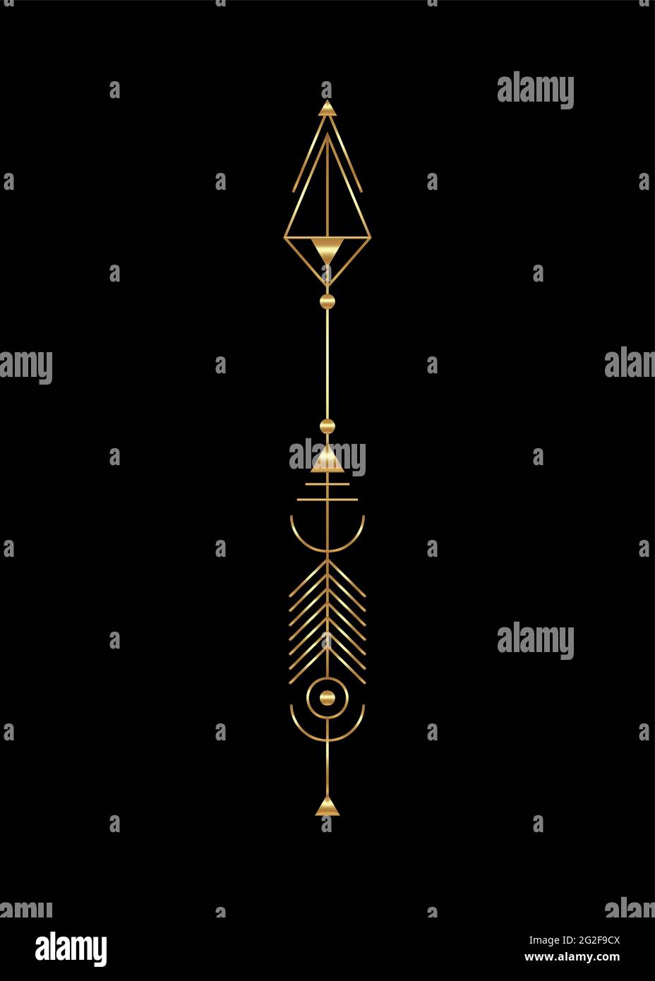 Diseño de lujo con flecha dorada. Minimalismo vectorial, tótem de geometría sagrada, elementos de diseño hipster. Arte vectorial, clipart. Golden Abstract Mystic Sym geométrico Ilustración del Vector