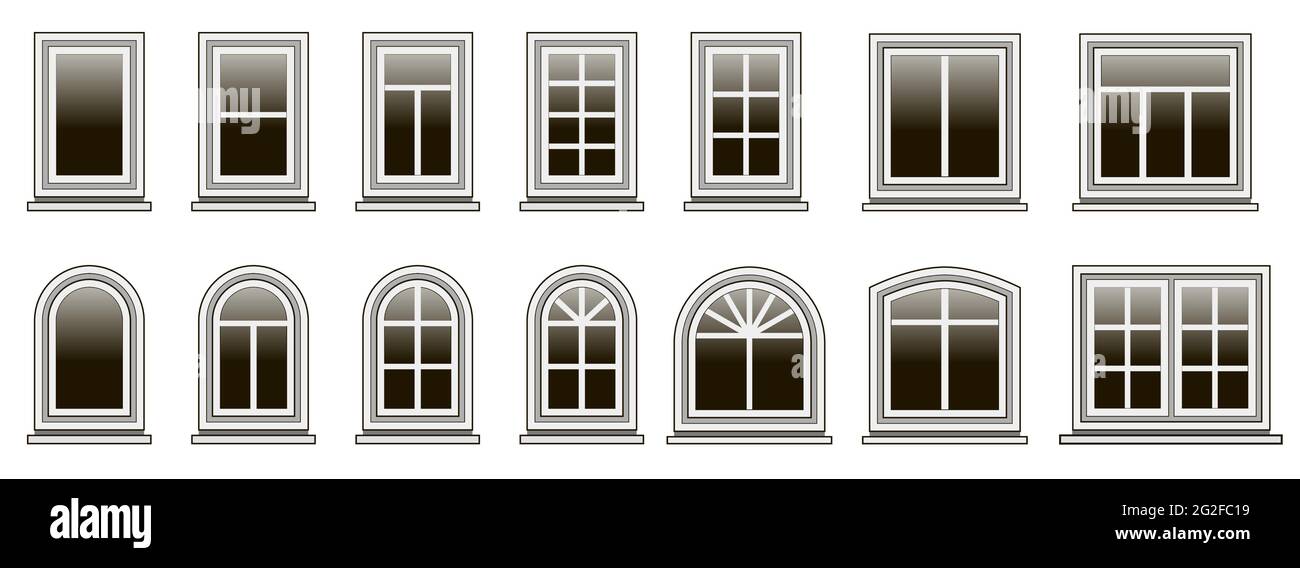 Conjunto de modernos marcos de ventanas para diseñar o remodelar el  exterior o el interior de la casa. Ventanas aisladas sobre fondo blanco.  Estilo de diseño plano. Ilustración vectorial Imagen Vector de