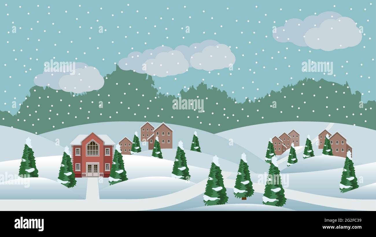 Pueblo invierno Navidad paisaje escena. Fondo de dibujos animados con casas  de la ciudad, colinas y árboles de coníferas en la nieve, se puede utilizar  en los activos de juego. Horizontal Imagen