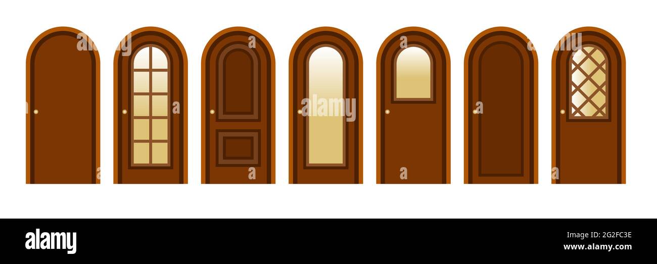 Conjunto de modernas puertas de madera para diseñar el interior de la casa  o la remodelación de la casa. Puertas aisladas sobre fondo blanco, vista  frontal. Estilo de diseño plano. Vector ilu