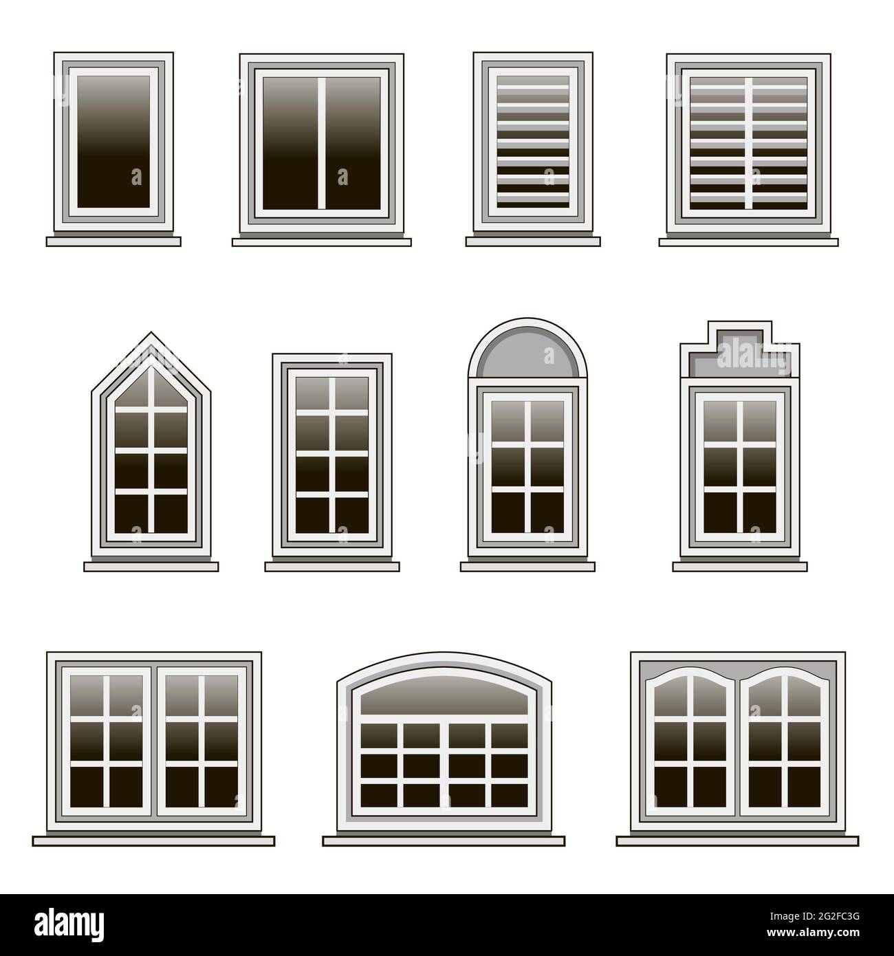 Tibio Bebida Bendecir Conjunto de modernos marcos de ventanas para diseñar o remodelar el  exterior o el interior de la casa. Ventanas aisladas sobre fondo blanco.  Estilo de diseño plano. Ilustración vectorial Imagen Vector de