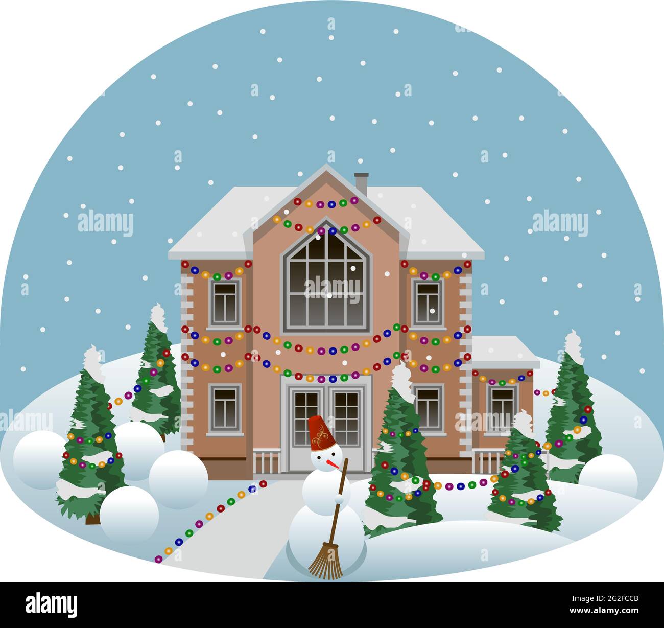 Casa solariega familiar en dibujos animados paisaje de invierno decorado  para Navidad o Año Nuevo. Casa y árboles en la nieve, acera, muñeco de nieve  divertido, nevadas Imagen Vector de stock -