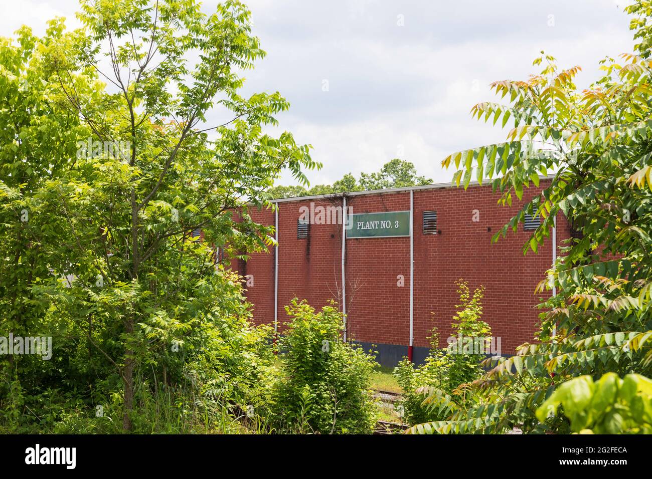 ELKIN, NC, EE.UU.-5 DE JUNIO de 2021: Una pared de ladrillo de un edificio industrial firmado 'Planta Nº 3', enmarcado por arbustos verdes. Imagen horizontal. Foto de stock