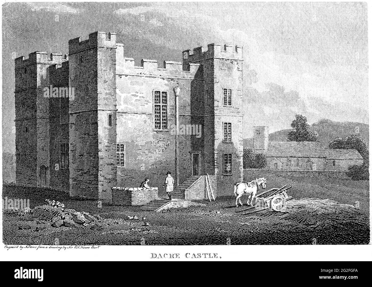 Un grabado del Castillo de Dacre, Cumberland escaneó a alta resolución de un libro impreso en 1812. Se cree que esta imagen está libre de todos los cop históricos Foto de stock