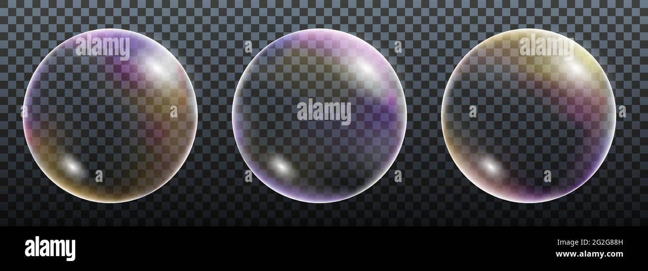 Burbujas de jabón arco iris. Conjunto de elementos aislados sobre fondo transparente para el diseño. Bolas de colores realistas. Ilustración vectorial. Ilustración del Vector