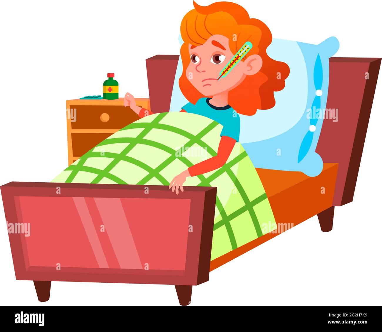 la enfermedad de la gripe niña acostada en cama con termómetro vector de dibujos  animados Imagen Vector de stock - Alamy