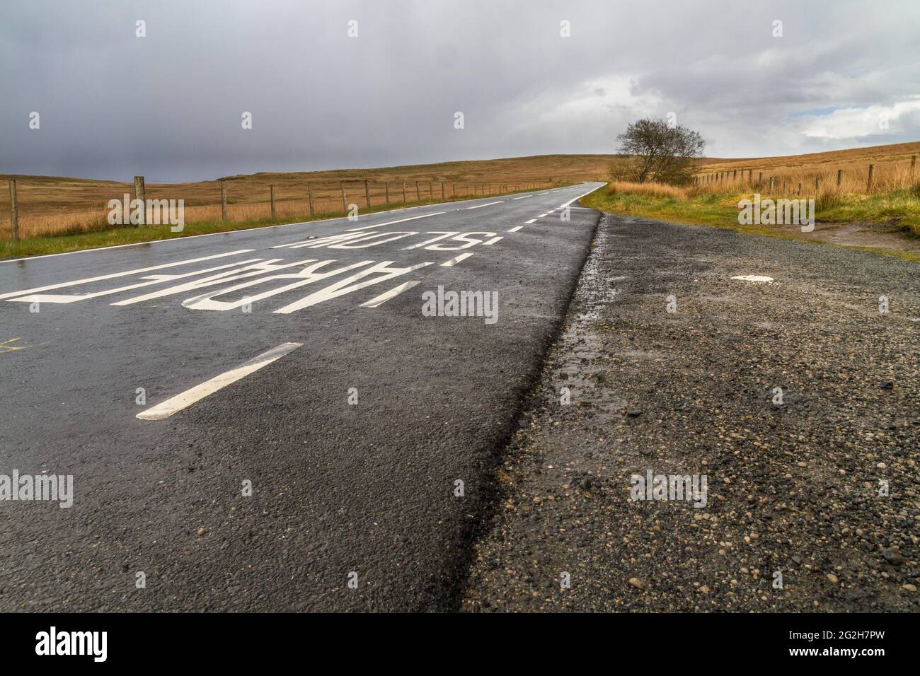 Al norte de Pentrefoelas, Gales del Norte, la carretera A543 a través de la hierba de páramo, parte del famoso Triángulo DE EVO para vehículos de carreras, paisaje. Foto de stock