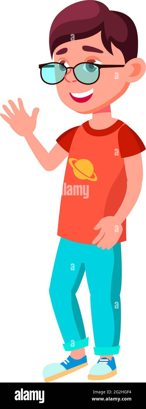 feliz niño preadolescente agitando la mano y saludando al padre en el  vector de dibujos animados apartamento Imagen Vector de stock - Alamy