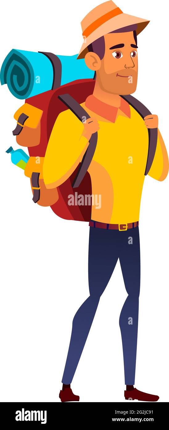 hombre excursionista con mochila caminando sobre el vector de dibujos  animados de montaña Imagen Vector de stock - Alamy