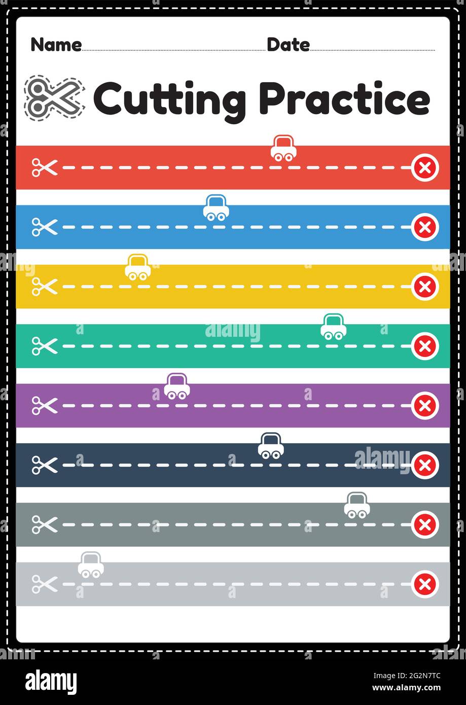 Práctica de corte para que los niños corten el papel con tijeras para mejorar las habilidades motoras, la coordinación y el desarrollo de músculos pequeños para el preescolar y el kindergarten Ilustración del Vector