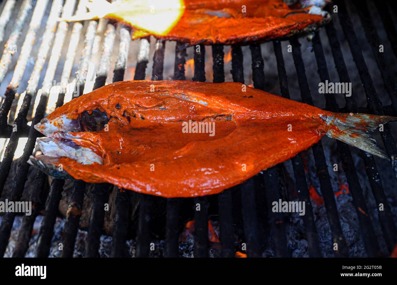 Lisa en adobo, pescado con salsa de ajo. En bahía de Kino, Sonora, México,  batidos a la parrilla pescado Lisa. Salmonete, salmonete de cabeza plana.  Salmonete. Pez salmonete,. Alimento del mar. Plato