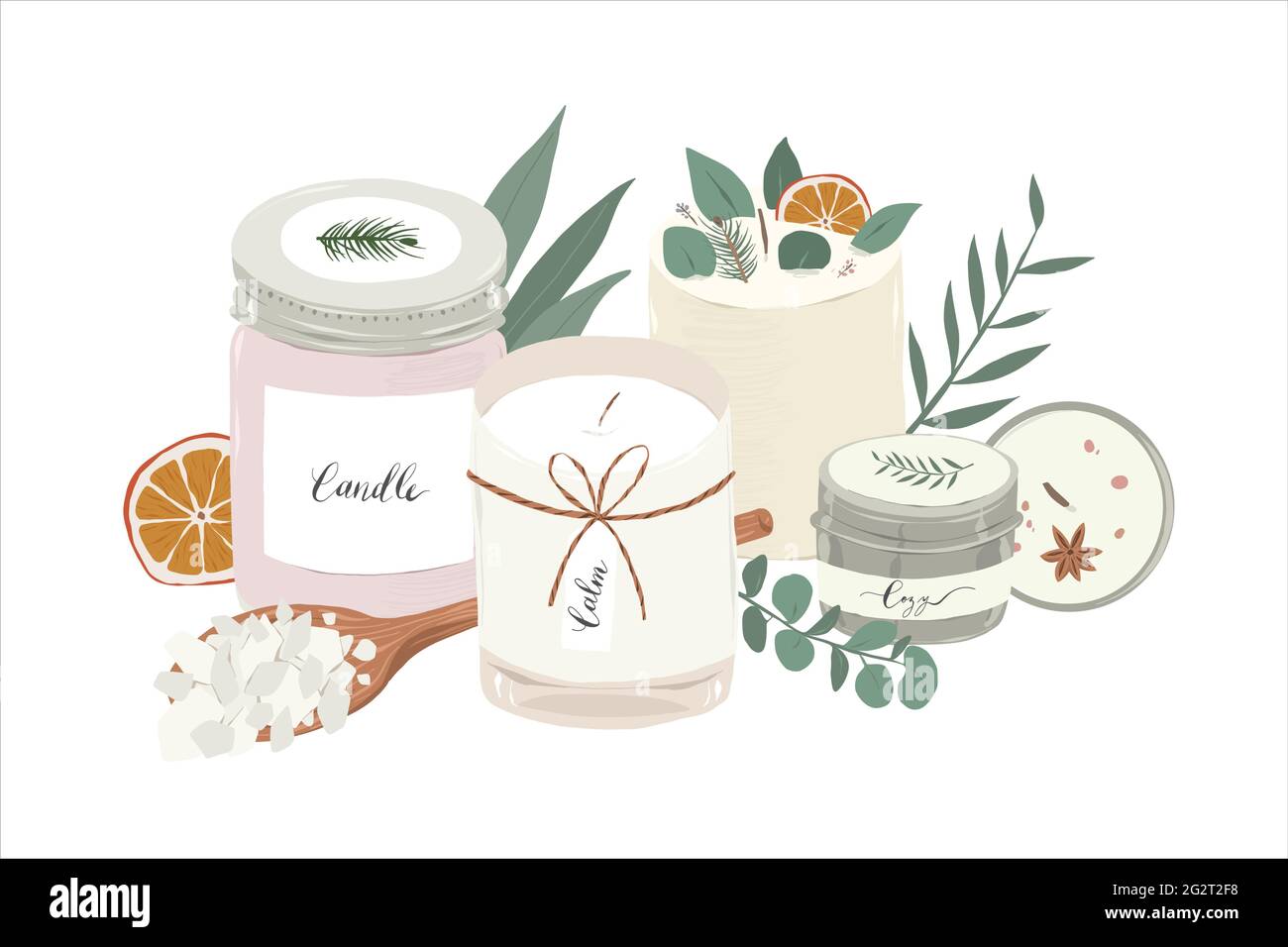 Velas perfumadas modernas, varias velas aromáticas de cera de soja en  tarros y latas de vidrio, decoradas con hojas y plantas. Copos de cera de  soja natural, realista Imagen Vector de stock -