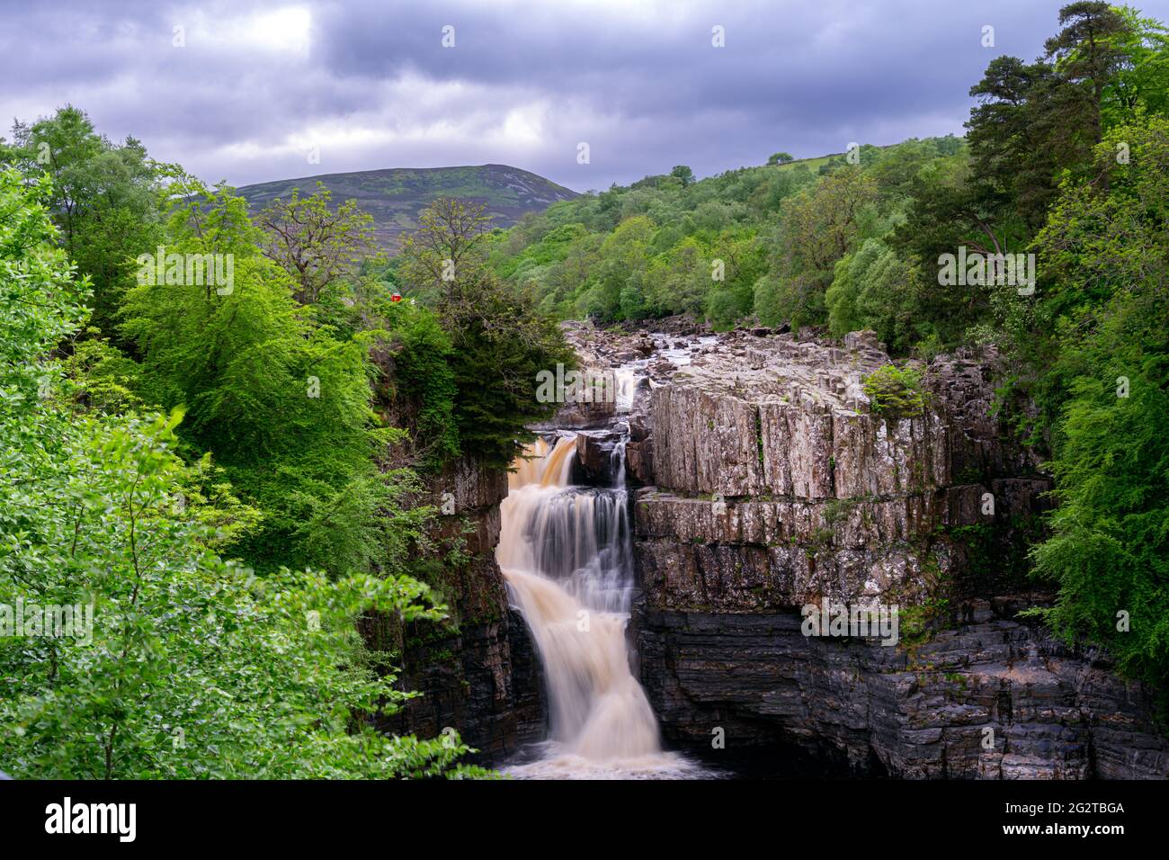 Hermosa cascada de alta fuerza en Upper Teesdale, Condado de Durham, Inglaterra en primavera Foto de stock