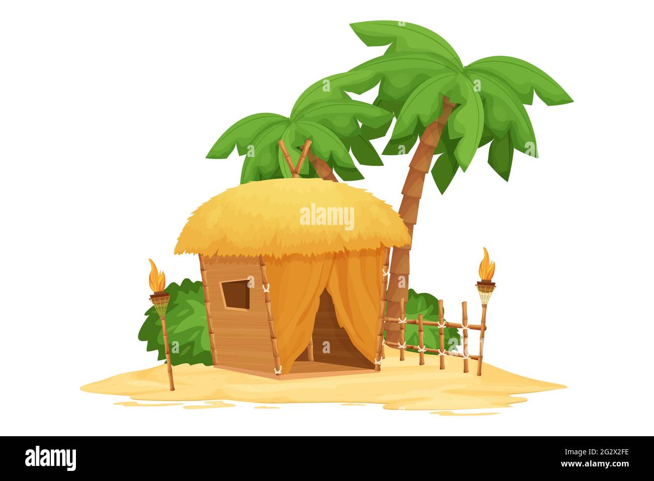Bungalow de playa, cabaña tiki con techo de paja, bambú y detalles de madera sobre arena en estilo de dibujos animados aislados sobre fondo blanco. Fantástico edificio con palmeras Ilustración del Vector