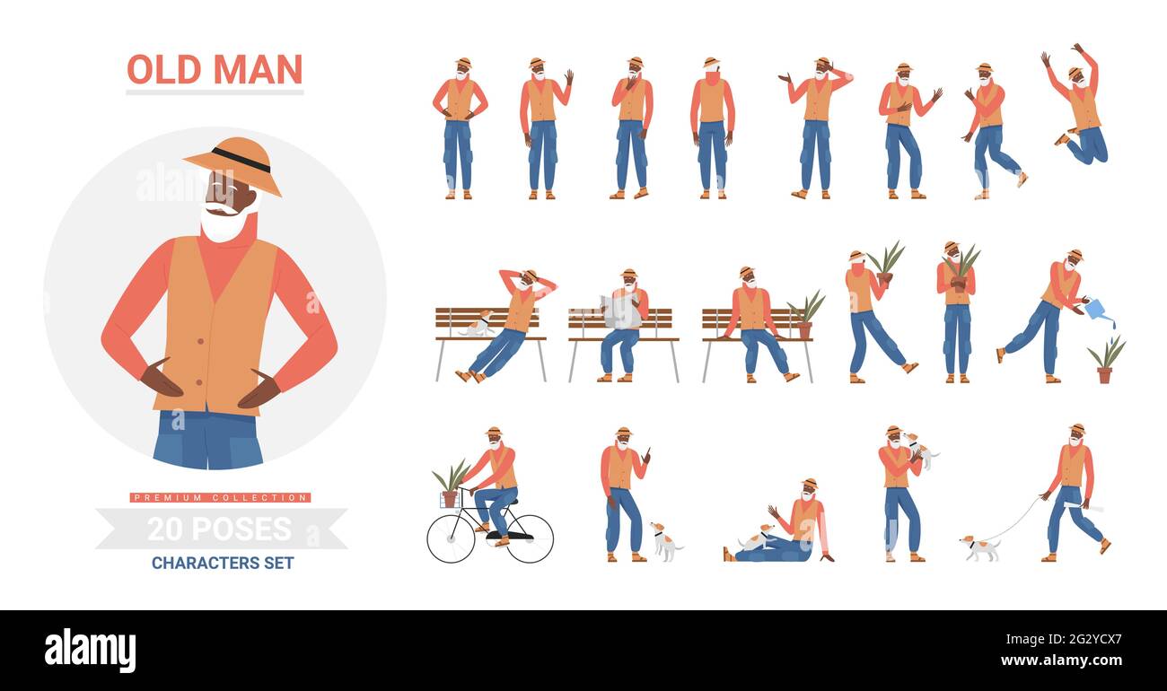 El anciano negro afroamericano presenta un conjunto de ilustraciones vectoriales infográficas. Caricatura anciano barbudo personaje hipster posando, de pie y saltando, caminando con el perro y sentado en un banco aislado Ilustración del Vector