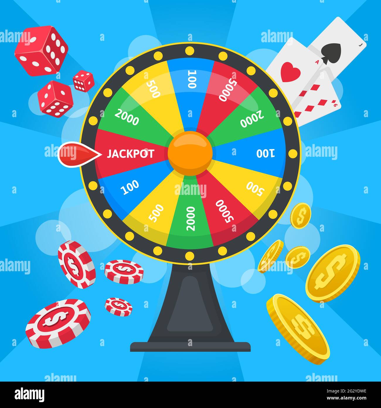 Concepto de rueda de fortuna. Juego de la rueda afortunada del casino,  rueda de la fortuna del juego con los dados, las tarjetas, y la ilustración  del fondo del vector de las
