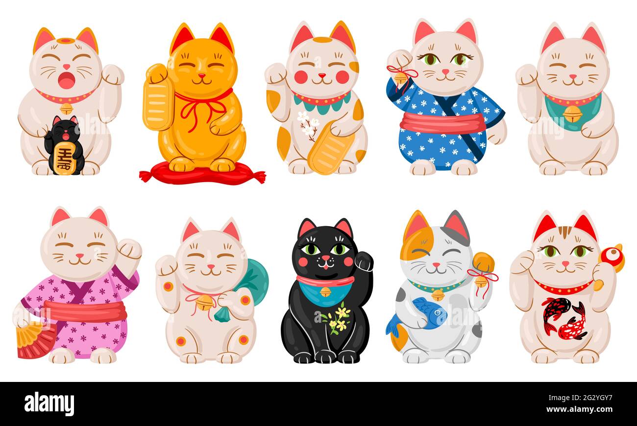 Japonés maneki gatos neko. Dibujos animados Japón suerte tradicional juguetes, kawaii oriental fortuna símbolo animal ilustración conjunto. Bonito maneki asiático Imagen Vector de stock -
