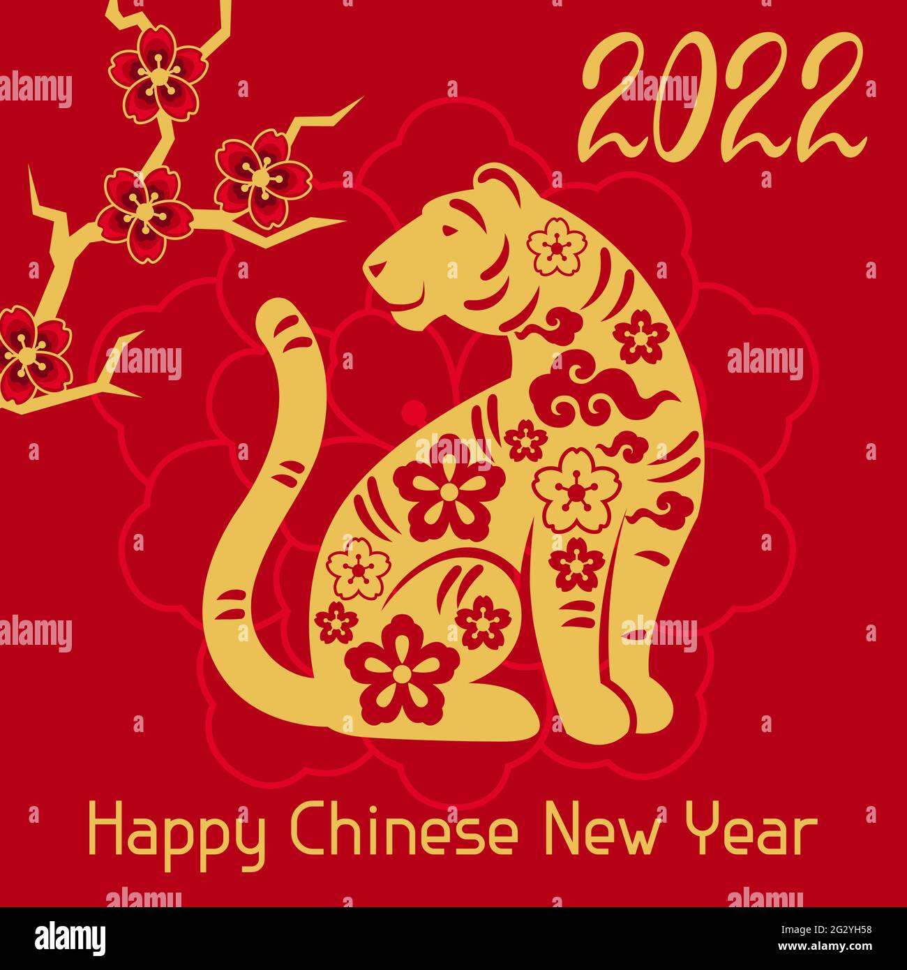 Feliz año nuevo chino tarjeta de felicitación. Fondo con símbolo de tigre de 2022. Ilustración del Vector