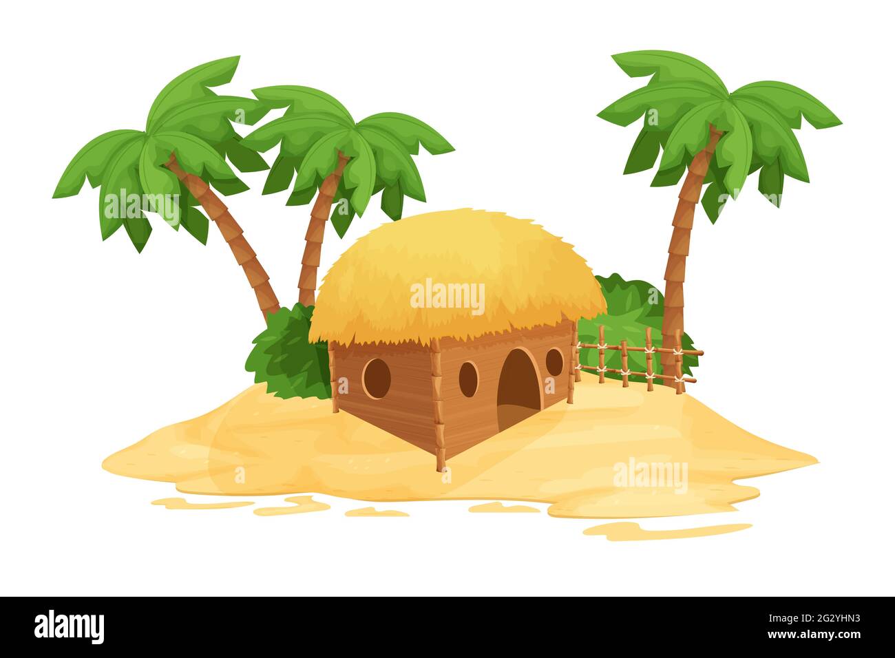 Bungalow de playa, cabaña tiki con techo de paja, bambú y detalles de madera sobre arena en estilo de dibujos animados aislados sobre fondo blanco. Fantástico edificio, vacaciones Ilustración del Vector