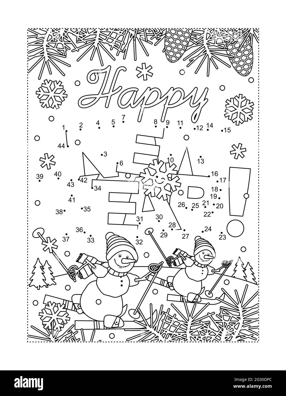 Feliz saludo de Año Nuevo conectar el rompecabezas de puntos y la página de colorear con texto de saludo y dos muñecos de nieve de esquí en la escena de invierno Foto de stock