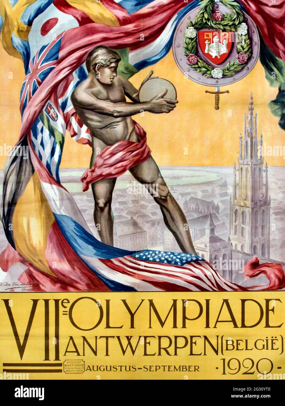 Amberes 1920 - cartel olímpico Vintage - Discus Thrower Foto de stock