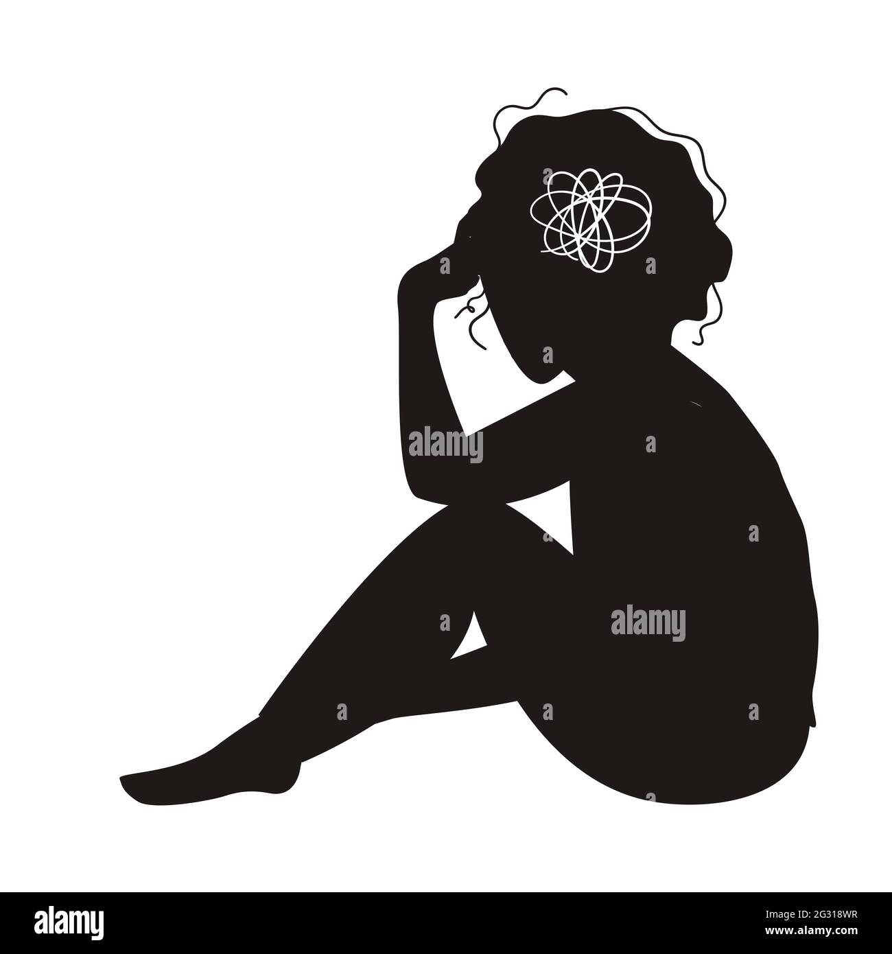 Concepto de salud mental. Silueta de mujeres tristes con depresión sentada en el suelo. Ilustración de vectores de colores en estilo de dibujos animados planos Ilustración del Vector