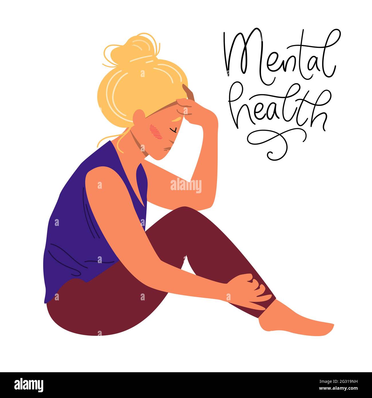 Concepto de salud mental. Mujer triste con depresión sentada en el suelo. Ilustración de vectores de colores en estilo de dibujos animados planos. Ilustración del Vector