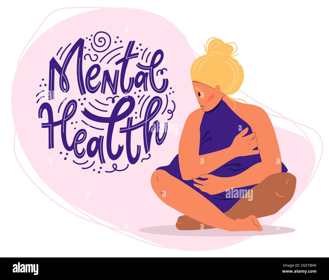 Concepto de salud mental. Mujer triste con depresión sentada en el suelo. Ilustración de vectores de colores en estilo de dibujos animados planos. Ilustración del Vector