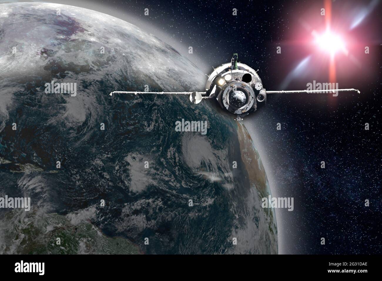 La nave espacial vuela sobre el planeta Tierra. Los elementos de esta imagen proporcionados por la NASA. Foto de stock
