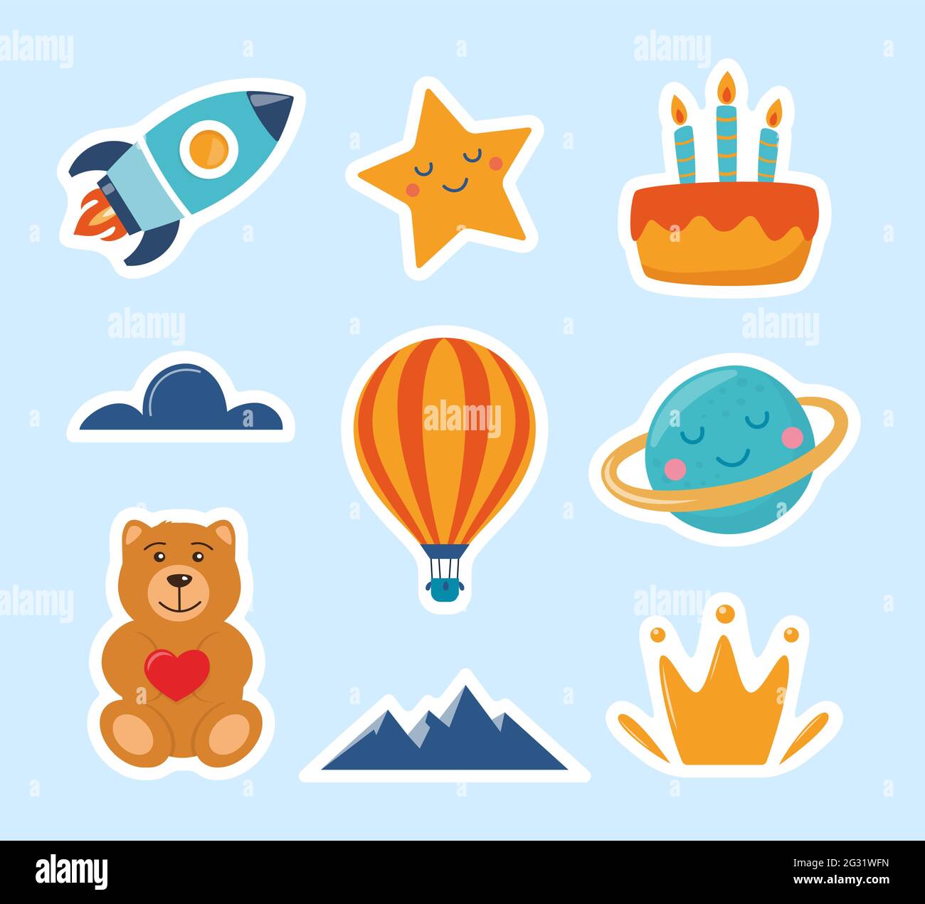 Pegatinas para niños: Cohete, estrella, planeta, oso de peluche, nube,  pastel, aerostato. Ilustración de dibujos animados para la pegatina de los  niños Colorful ilustración vectorial Imagen Vector de stock - Alamy