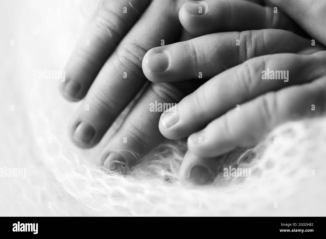 La mano del niño, los dedos se acercan. Manos del bebé recién nacido, concepto de infancia feliz, salud, FIV, higiene. Foto en blanco y negro. Foto de stock