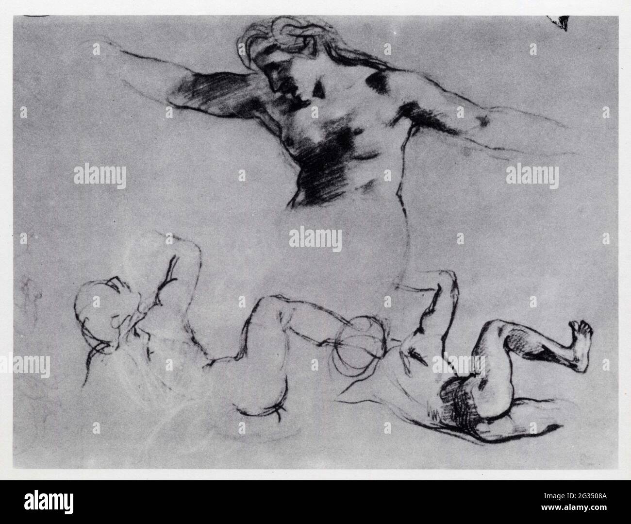 Eugène Delacroix.Trois nus.Vers 1822.Étude pour La Barque de Dante.Craie noire et blanche sur papier teinté. Foto de stock