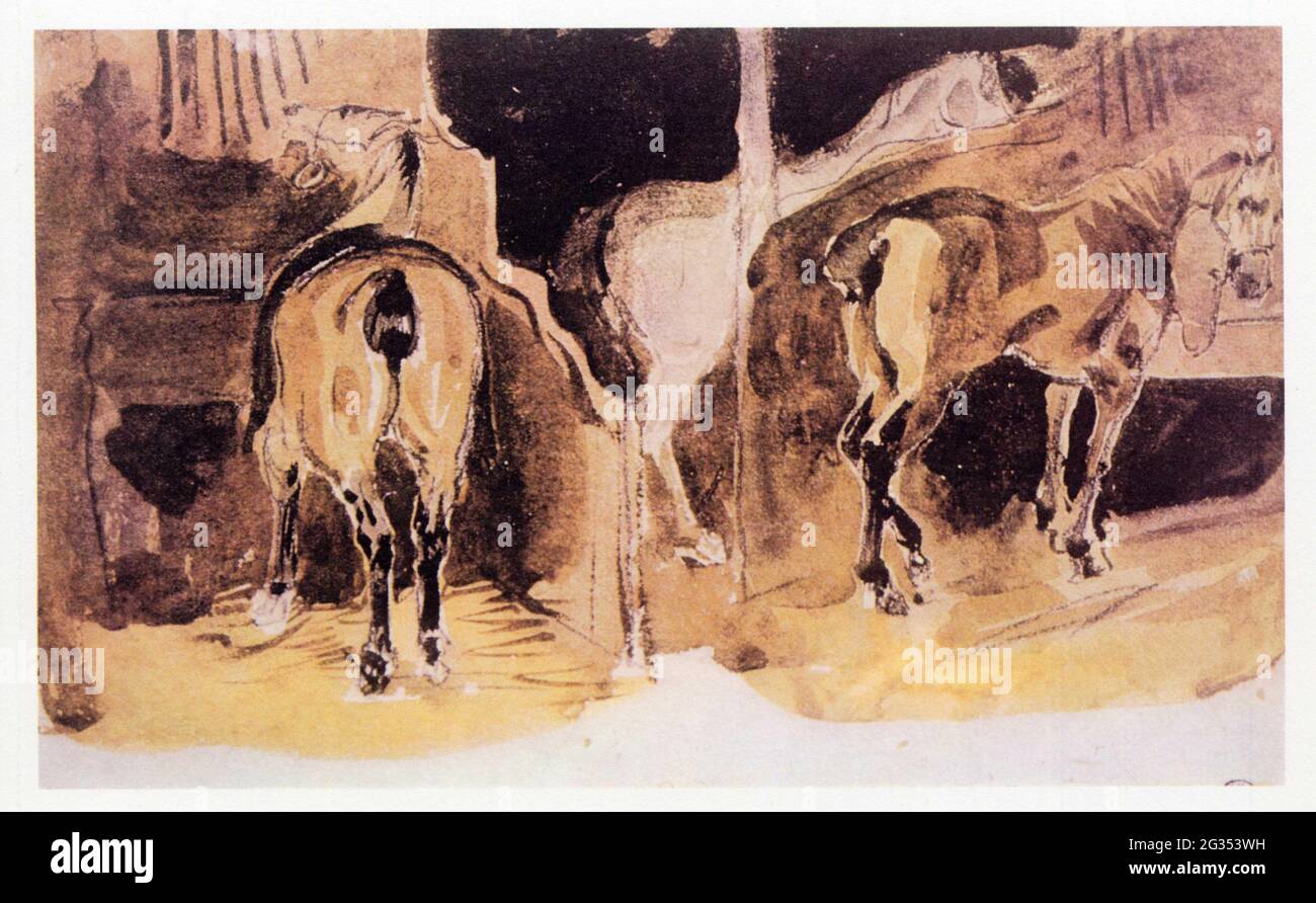 Eugène Delacroix.Trois chevaux à l'écurie.1823-1824.Aquarelle sur rasgos à la mina de plomb. Foto de stock