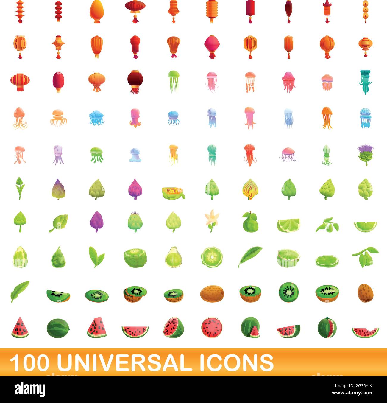 100 iconos universal establecido. Ilustración de dibujos animados de 100 iconos universal establecido el vector aislado sobre fondo blanco. Ilustración del Vector
